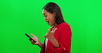 Phone, walking and happy woman reading, surprise and excited for announcement, cellphone notification or winning news. Winner achievement, online mobile or shocked person success on studio background