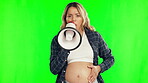 Green screen announcement, megaphone broadcast and pregnant woman communication, talking or notification.  Pregnancy maternity news, chroma key bullhorn or portrait person speech on studio background