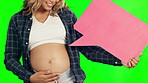 Pregnant woman, hands and speech bubble on green screen for social media against a studio background. Hand of female person in maternity holding sign, shape or symbol for advertising on mockup space