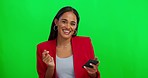 Dance, phone and face of woman on green screen for news, bonus or celebration of giveaway, winner or opportunity. Happy, dancing and excited person winning, discount and mobile on a studio background