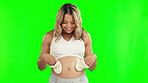 Baby socks, playing and pregnant woman on green screen with belly growth or development. Pregnancy, excited person or mother with infant shoes or clothes for love, happiness or healthy baby growth