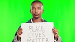 African man, protest poster and green screen for justice, racism or black lives matter in studio mock up. Young student guy, sign or billboard for equality, human rights or vote for opinion in mockup