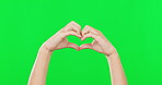 Love, hands and green screen for marketing, self care promotion and emoji or sign on a studio background. Together, support and people heart hands for health, wellness and kindness or peace and hope