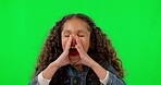 Green screen, wow and girl shouting, announcement and kid against a studio background. Face, female child or model screaming, excitement and crazy with emoji, loud and communication with news or info