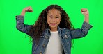 Face, green screen and girl flexing arms, smile and confident kid against a studio background. Portrait, female child or toddler flex, muscle and success with challenge, power and strength with pride