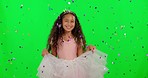 Girl child, confetti rain and party by green screen for celebration, birthday or young princess mockup with smile. Happy female kid, glitter or royal fantasy for play, game and celebrate in portrait