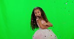 Girl kid, confetti rain and celebration by green screen for party, birthday or young princess mockup with smile. Happy female child, glitter and arms crossed for royal game, celebrate and portrait