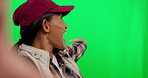 Green screen, selfie and influencer showing social media a travel vlog isolated in a studio background happy or excited. Online, internet and woman on an adventure to explore on holiday or vacation