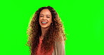 Laughing, happy and portrait of a woman on green screen with curly hair, happiness and funny joke. Latino person or fashion model with positive mindset, hairstyle and beauty on a studio background
