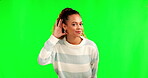 Woman portrait, hearing and speak loud sign with green screen and secret news with a smile. Confidential, palm to ear and young female person hand listening to gossip and whisper with emoji gesture