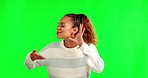 Woman, hearing problem and speak loud hand sign with green screen and ask for secret news. Confidential, palm to ear and young female person curious and listening to gossip and whisper with doubt