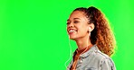 Green screen, dance and woman with music to relax listening to song, audio and radio in studio. Happy, headphones and female person on chromakey background for streaming track, podcast and sound