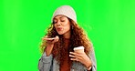 Speaker, phone call and happy woman in green screen studio with coffee while speaking on mockup background. Smartphone, app and female person with voice to text speech for recording, message or chat