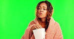 Sad woman, cinema popcorn and green screen eating movie snack and watching tv. Young, depressed female person and upset streaming series in theater with food and lonely with film and television 