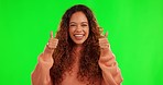 Happy woman, face and thumbs up for success on green screen in winning or good job against a studio background. Portrait of excited female person smile and thumb emoji, yes sign or like for approval
