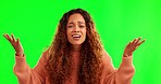 Stress, fail and face of woman in green screen studio with wtf reaction, gesture or expression on mockup background. Confused, portrait and lady person with anxiety, why or questions, doubt or crisis