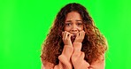 Green screen, face and scared woman biting nails, stress and fear, worry and crisis on studio background. Anxiety, portrait and female person nervous, mistake or trauma, conflict or bad habit fail
