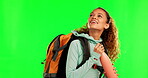 Hiking, travel and adventure with a woman backpacker on a green screen background in studio for tourism. Exercise, explore and hobby with a female hiker on chromakey mockup as a sightseeing tourist