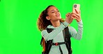 Green screen, phone signal and hiking woman trekking, journey and check smartphone reception connection. Mobile connectivity problem, chroma key cellphone and person frustrated on studio background 