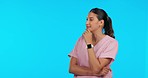 Thinking, talking and a doctor or woman with ideas isolated on a mockup blue background in studio. Medical planning, speaking and a nurse in conversation for a plan or idea with space for nursing