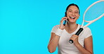 Tennis player, blue screen and girl is talking on phone with exercise or workout and winner. Conversation, racket and cellphone with happiness for female athlete with tech or sportswear and smile.