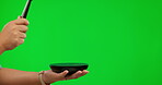 Judge, hands and gavel  on green screen for law, court or attention on decision, justice or auction on studio background. Courtroom, hammer and legal tool to call for order, meeting or judgement
