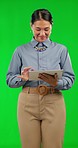 Happy asian woman, tablet and research on green screen for social media or browsing against a studio background. Female person smile and working on technology for networking, search or communication
