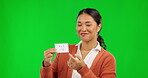 School, teacher and learning math on green screen with numbers, calculation and support children in education. Person, teaching or equation and problem solving, success in multiplication and studio