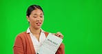 Woman, presentation and biology textbook, green screen with mockup space and teaching on studio background. Education, science and study material with Asian female teacher, university and information