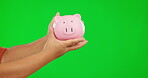 Piggy bank, offer and person hands on green screen for savings, banking security or financial management. Save money, giving container and people, finance education and investing on studio background