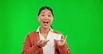 Portrait, woman and maths, teacher on green screen with index card for classroom learning show in Japan. Teaching, elearning and Asian educator for homeschool, online class and webinar for education.