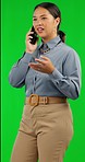Phone call, negotiation and focus with business woman on green screen for networking, communication and professional. Contact, feedback and conversation with employee on studio background for chat