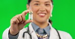 Face, green screen and Asian woman with a vial, medical and doctor against a studio background. Portrait, healthcare professional and employee with research, science and check liquid with diagnosis