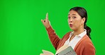 Green screen, woman face and teacher with book and hand pointing to mockup for education or reading. Learning, portrait and asian female professor with textbook for university class, lesson or study