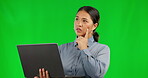 Thinking, laptop and business woman on green screen for email marketing, copywriting or article ideas. Professional worker, writer or asian person typing on computer for solution on studio background