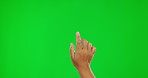 Green screen, hand of user and person for ux on technology, touchscreen or scrolling interface, ui or chroma key on studio background. Mockup, hands or access on internet, mobile app or search online