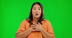 Scared, face and a woman with a sigh on a green screen isolated on a studio background. Stress, anxiety and portrait of a young girl looking nervous with a mental health problem and mockup space