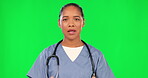 Healthcare, nurse and woman talking on green screen for consultation. Hand gesture, portrait and medical advice from a professional female doctor in studio for presentation, speaking or telehealth