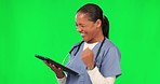 Nurse, tablet and woman celebrate on green screen for success, good review or results. Professional female doctor with tech app and fist while excited for win, progress or telehealth achievement