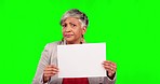 Senior businesswoman, blank poster and green screen with confused face, wow or surprise in mock up for deal. Mature business woman, billboard or paper sign with mockup space for opinion, sale or vote