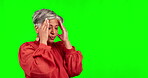 Problem, crisis and senior woman on green screen in studio isolated on a background mockup. Tired, fatigue and elderly female person with brain fog, frustrated or exhausted with mistake, tax and pain
