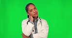 Green screen, doctor and woman with neck pain, face and suffering on a studio background. Portrait, employee and medical professional with health issue, spine injury and painful with spasm and stress