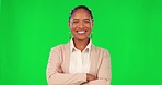 Face, green screen and woman with arms crossed, business and employee against a studio background. Portrait, female person or entrepreneur with confidence, professional or career with startup success