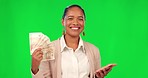 Cash, phone and woman on green screen for profit, bonus or financial fan in success, winning or loan. Money, winner face and latino person on mobile, business banking and fintech on studio background