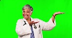 Green screen, elderly woman face and happy doctor gesture at presentation, healthcare branding or medical insurance info. Chroma key portrait, nurse promo space or female surgeon on studio background