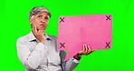 Speech bubble, thinking and a business woman on green screen for announcement, idea or decision. Mature person with poster or blank board to think of mockup comment or plan with tracking markers