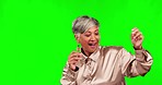 Business woman dance, applause and green screen with happy smile and celebration. Dancing, success and motivation of a senior professional with achievement and excited for promotion and goal target