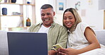 Laptop, phone and funny couple on sofa in home living room, bonding or having fun. Computer, relax and happy man and woman laughing at comedy, meme or streaming movie, video or social media together.