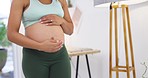 Pregnant woman, stomach feel and happy at home with baby love, support and relax care. Young female person, belly development and mom smile with maternity and pregnancy in a house living room