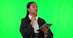 Tablet, green screen and law with woman judge in studio reading legal information, research or legislation for a trial. Technology, court and justice with a magistrate thinking on chromakey mockup